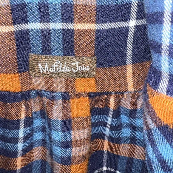 Matilda Jane Blue and Orange Plaid Button-Up Tunic Blouse with ruffle bottom - Picture 6 of 6